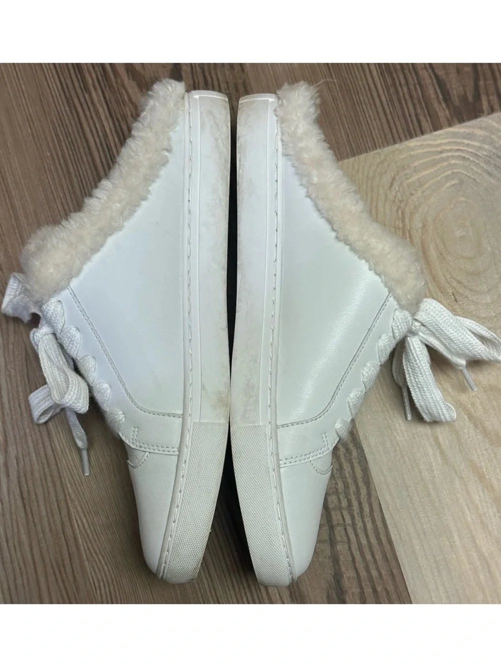 Kate Spade Fez Mule Faux Fur Wht Large Logo Leather Slip On Shoes Women Size 9B
